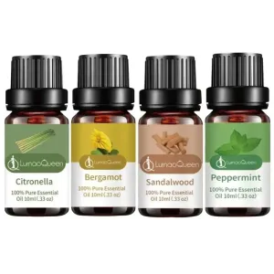 Huiles Essentielles Bio pour Diffuseurs - Bergamote, Santal, Citronnelle, Menthe Poivrée